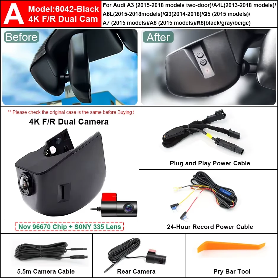 Cameră auto DVR 4K față + 1080p spate, Wi-Fi, compatibilă Audi A3 / A4L / A6L / Q3 / Q5 / A7 / A8 / R8 – cameră frontală neagră pe fundal alb [1]