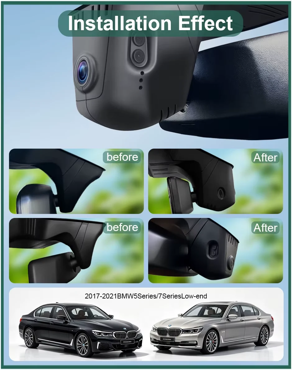 Camera dedicată BMW Seria 5 / Seria 7 2017–2021, Low Version, înainte și după instalare, fotografii din sursă
