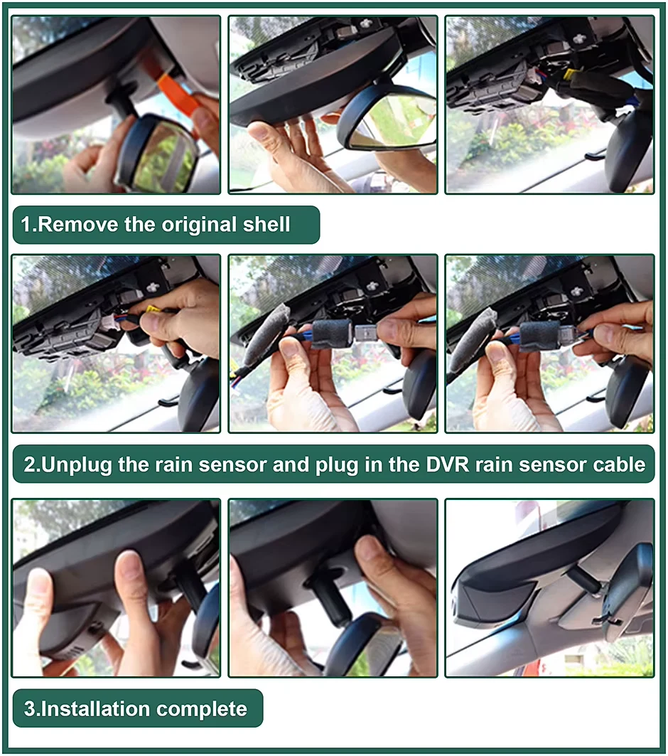 Etape de instalare cameră DVR: demontarea piesei originale, conectarea cablului și fixarea camerei