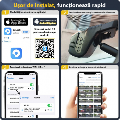 Cameră auto DVR cu rezoluție 2K, WiFi 5GHz, vedere pe timp de noapte, monitorizare 24 din 24 și senzor de impact [3]