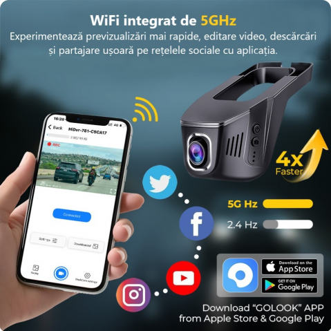 Cameră auto DVR cu rezoluție 2K, WiFi 5GHz, vedere pe timp de noapte, monitorizare 24 din 24 și senzor de impact [4]