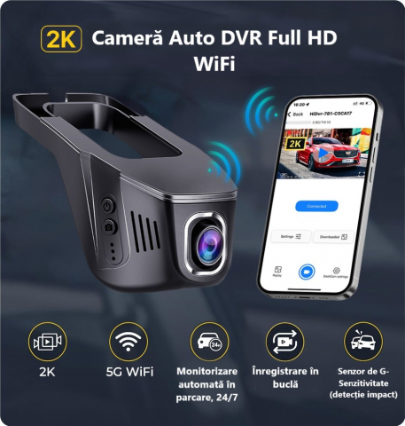 Cameră auto DVR cu rezoluție 2K, WiFi 5GHz, vedere pe timp de noapte, monitorizare 24 din 24 și senzor de impact [2]