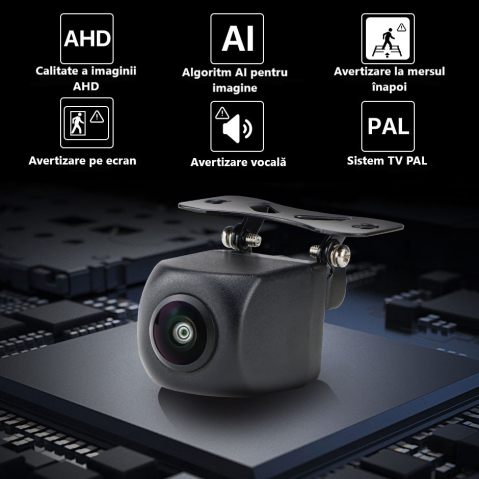 Cameră auto marșarier ADAS cu AI, AHD 1080p, Unghi 155°, avertizare vocală și pe ecran, impermeabilă IP68, sistem PAL [2]