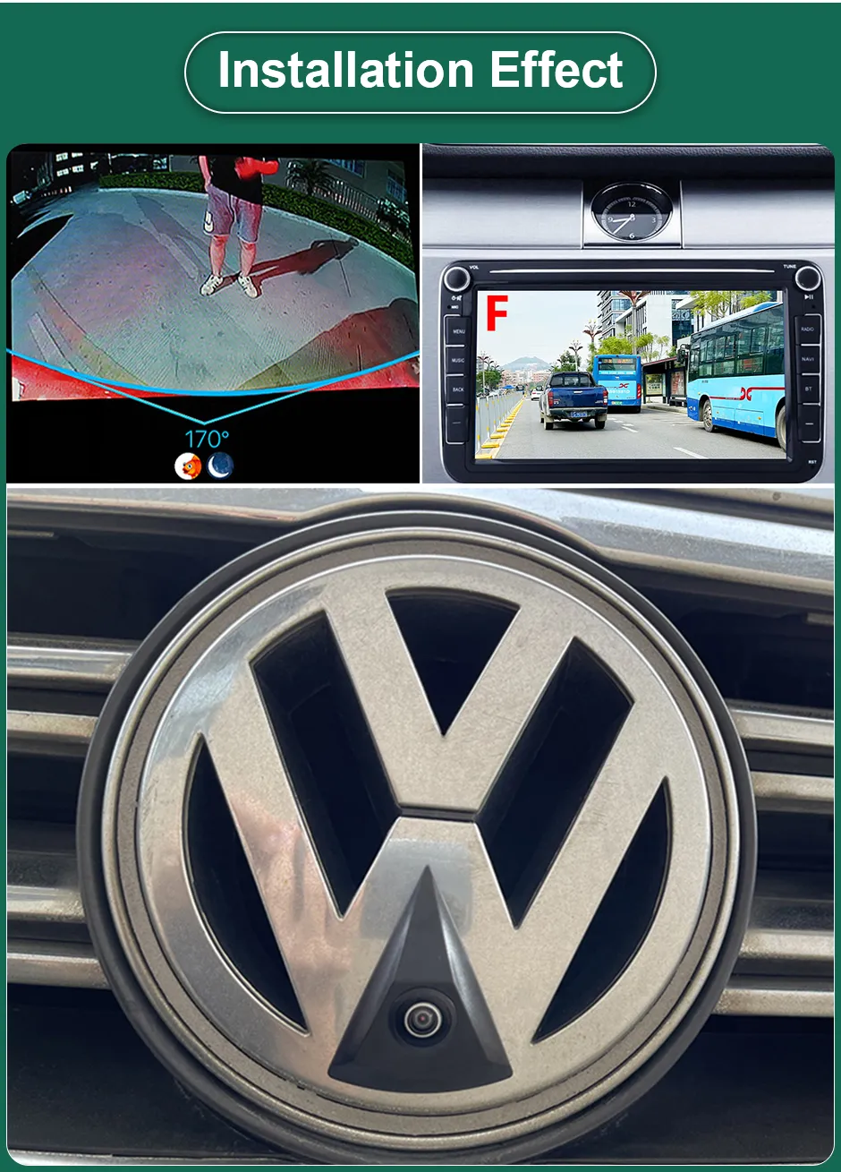 Cameră frontală AHD dedicată Volkswagen, montaj OEM în siglă, unghi 170°, rezistentă la apă și șocuri (IP68), compatibilă cu unități multimedia RCA [1]