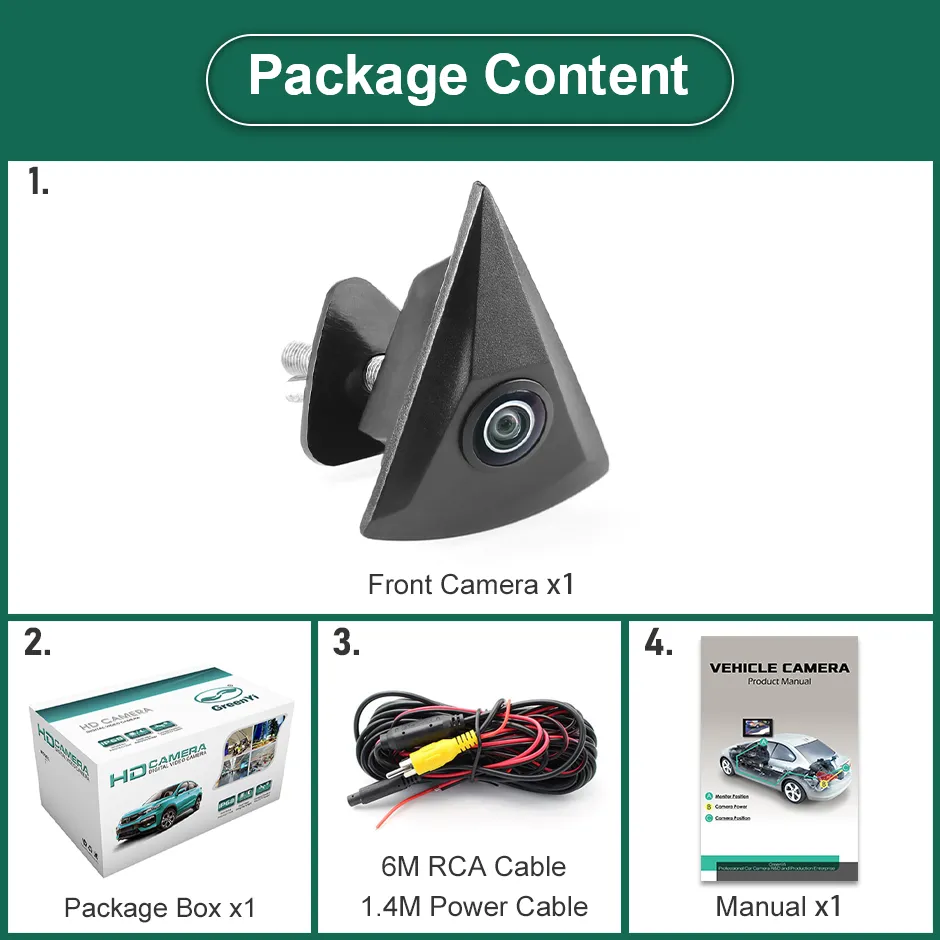 Cameră frontală AHD dedicată Volkswagen, montaj OEM în siglă, unghi 170°, rezistentă la apă și șocuri (IP68), compatibilă cu unități multimedia RCA [7]