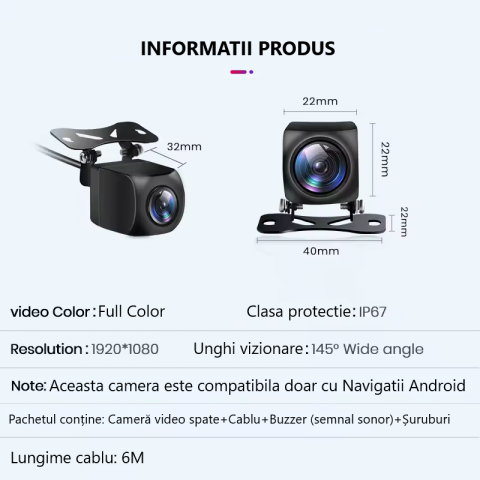 Cameră Marsarier Auto AHD 1080P cu Alarmă Radar, Unghi Larg 145°, Rezistentă la Apă, Inteligentă AI – Cameră Video Spate pentru Parcare [1]