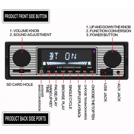 Casetofon Auto MP3 Player, Stil Vintage cu Bluetooth, AUX, Card SD, Universal 1DIN [4]
