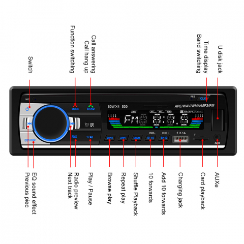 Casetofon auto universal, MP3 PLAYER 1DIN, 60W X4, Bluetooth,USB, CARD SD, AUX, intrare RCA subwoofer [10]