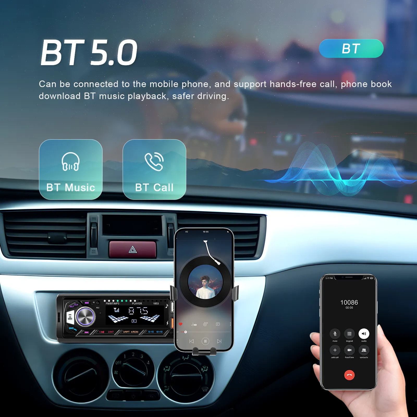 Casetofon, MP3 Player Auto 1DIN, cu Bluetooth, USB date si Fast charger, Card SD, AUX, RCA Subwoofer + Suport telefon integrat [6]