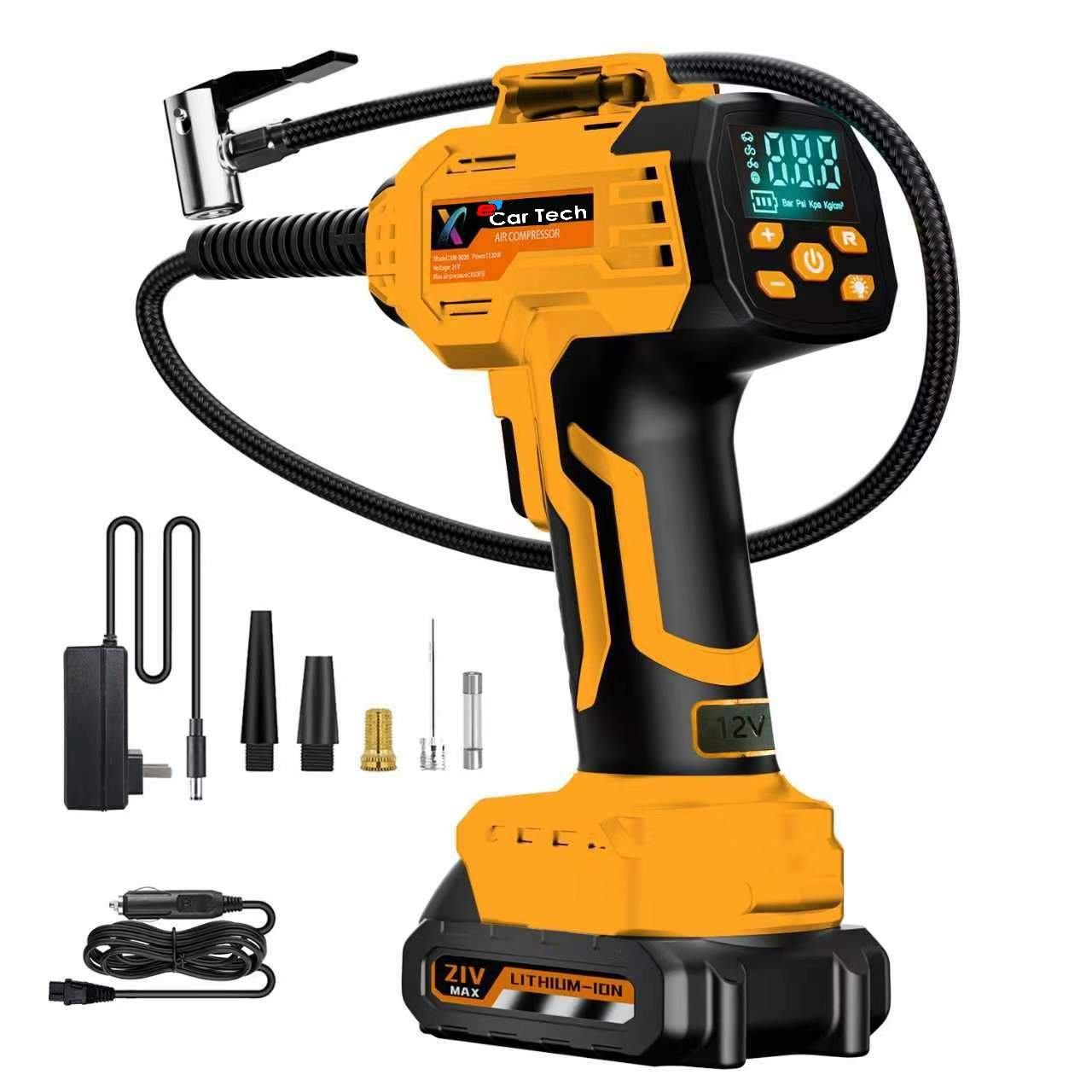 Toate Produsele - Compresor Auto-Moto Portabil eCarTech®  8026, 125W, 150 PSI, Acumulator Detașabil 10.000 mAh, Display Digital LED, Oprire Automata, Iluminare LED, 5 Moduri, Negru/Portocaliu