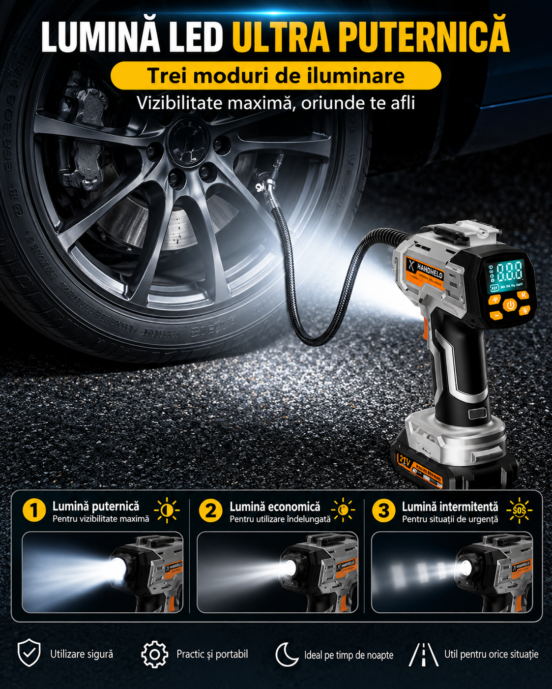 Compresor Auto-Moto Portabil eCarTech®  8026, 125W, 150 PSI, Acumulator Detașabil 10.000 mAh, Display Digital LED, Oprire Automata, Iluminare LED, 5 Moduri, Negru/Portocaliu [2]