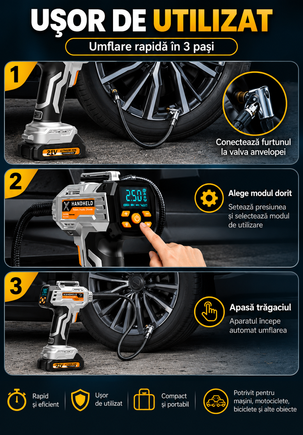 Compresor Auto-Moto Portabil eCarTech®  8026, 125W, 150 PSI, Acumulator Detașabil 10.000 mAh, Display Digital LED, Oprire Automata, Iluminare LED, 5 Moduri, Negru/Portocaliu [5]
