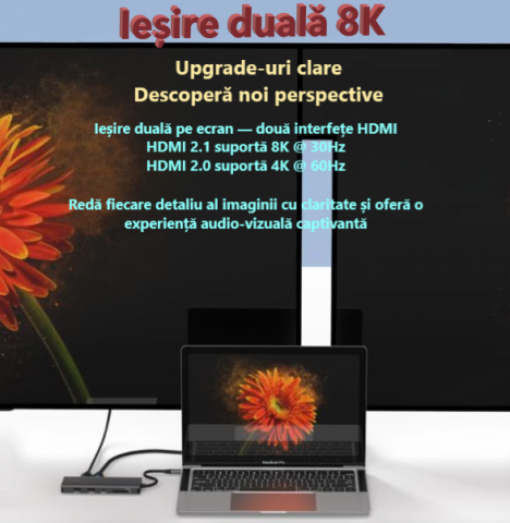Docking Station USB-C cu Dual HDMI 8K 3x USB 3.0 RJ45 PD 100W Suport Dual Display 120Hz Model HD105 [6]