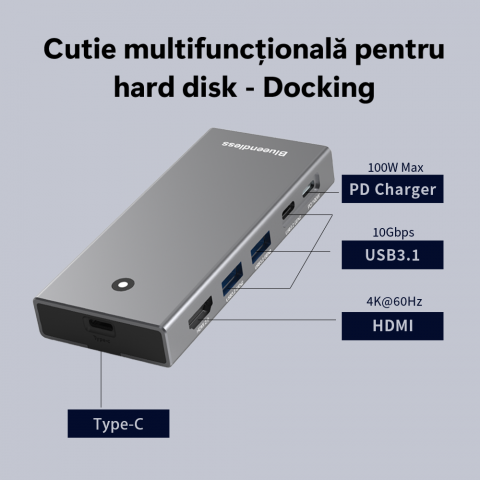 Docking Station USB-C NVMeSATA SSD  Hub 10Gbps cu HDMI 4K60Hz, 100W PD, Cititor Card SDTF, Carcasă Aluminiu – Compatibil M.2 2230 2242 2260 2280 [1]