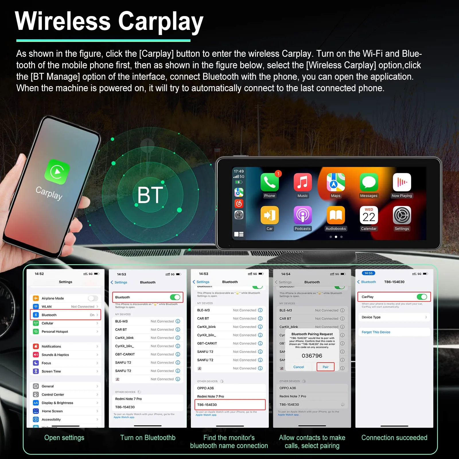 GPS Portabil 6.86" cu CarPlay Wireless, Android Auto, Airplay, BT, FM și AUX - Soluție OEM pentru Mașină [3]