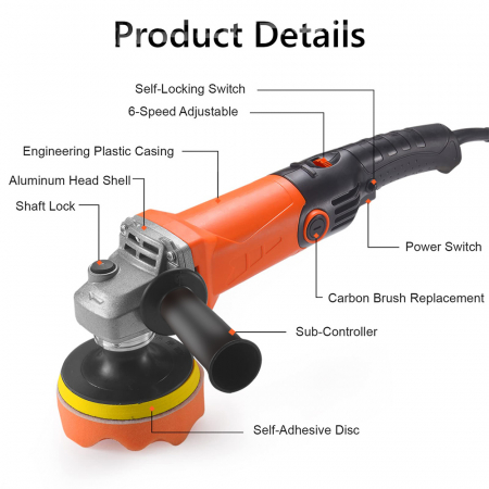 Masina de lustruit si polisat eCarTech, 1200 W, 100 mm, turatie reglabila 0-8000 RPM, variator de viteza [7]