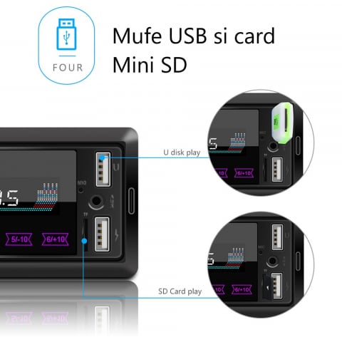 MP3 Player Auto 1DIN cu Bluetooth, Handsfree, USB, SD, AUX, FM Radio 7 culori cu butoane frontale touch – Model M10 [4]