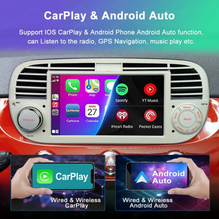 Navigatie Fiat 500 (2007-2014) cu Android 11, Carplay și Android Auto wireless,  rama Alba [5]