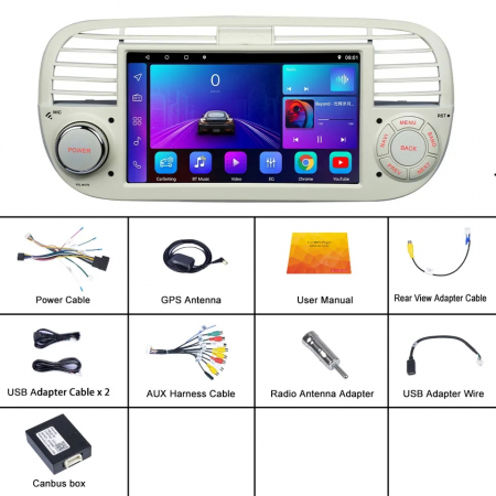 Navigatie Fiat 500 (2007-2014) cu Android 11, Carplay și Android Auto wireless,  rama Alba [2]