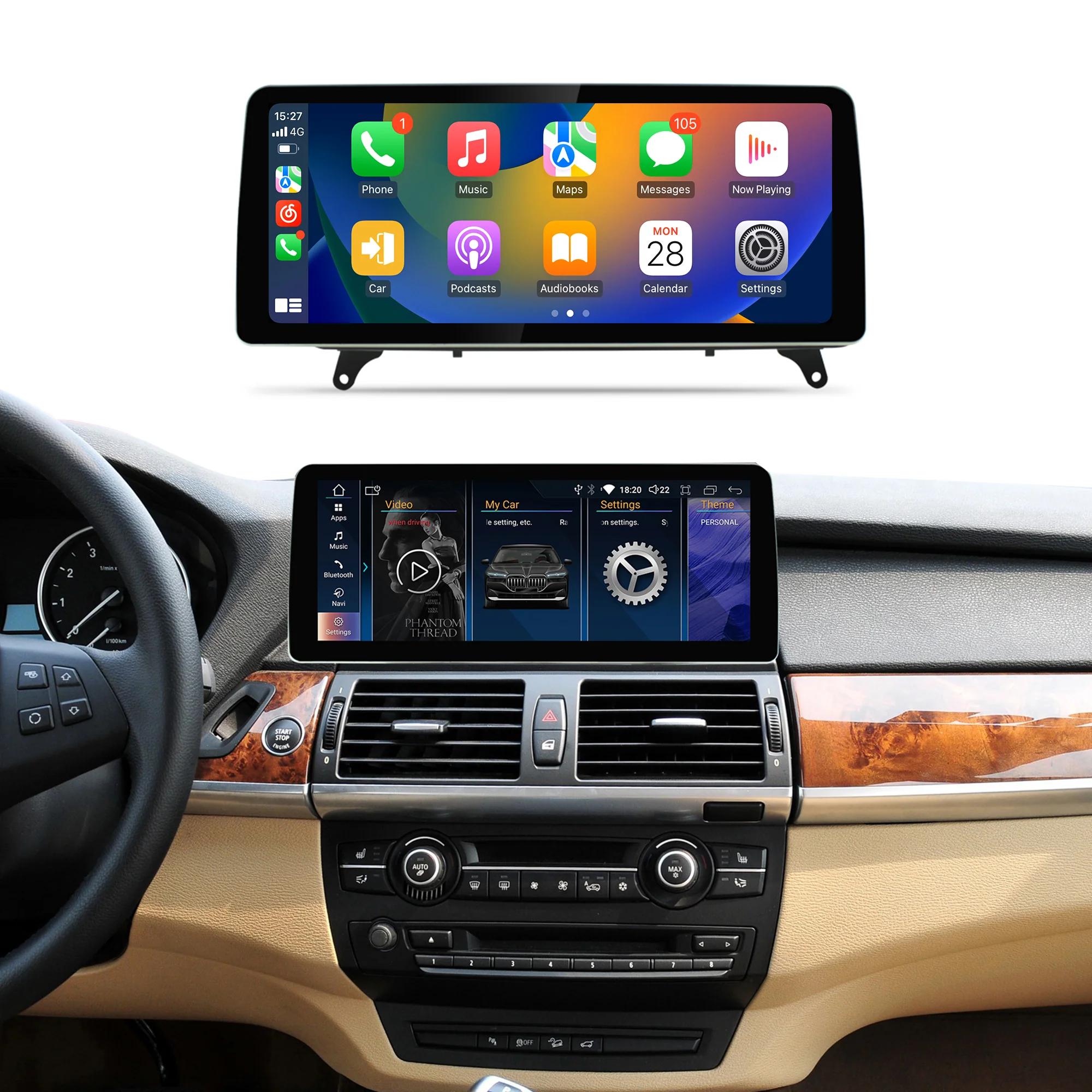 Navigație Android BMW X5 X6 E70 E71 E72 (2007-2012), 4 GB RAM, OCTA-CORE, ecran 12.3", CCC si CIC, 1920x720, CarPlay, Android Auto, 4G și WiFi [1]