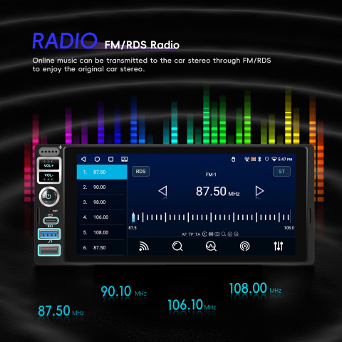 Navigatie Auto 1DIN cu Android, 4GB RAM + 64GB, Ecran 6.9 inch IPS, CarPlay și Android Auto Wireless, GPS, WiFi [1]