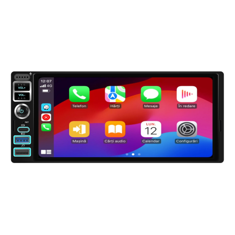 Navigatie Auto 1DIN cu Android, 4GB RAM + 64GB, Ecran 6.9 inch IPS, CarPlay și Android Auto Wireless, GPS, WiFi [2]
