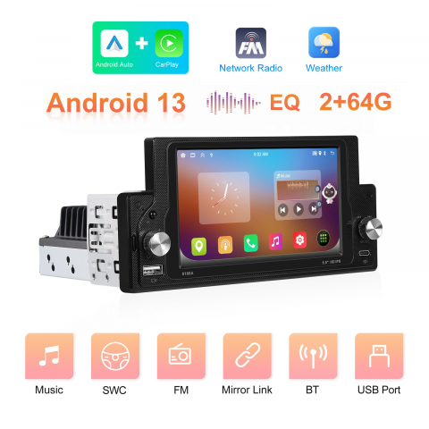 Navigație auto universală 1DIN Android 13, ecran 5.9” HD, 2+64GB, CarPlay & Android Auto, GPS, Bluetooth, USB, Wi-Fi [8]
