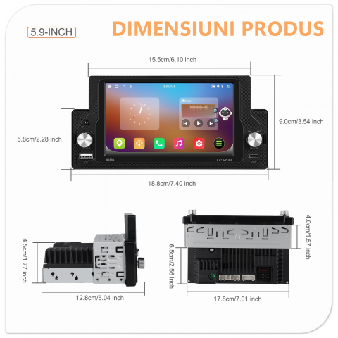 Navigație auto universală 1DIN Android 13, ecran 5.9” HD, 2+64GB, CarPlay & Android Auto, GPS, Bluetooth, USB, Wi-Fi [5]