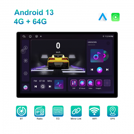 Navigație cu Android Universală, Ecran 13.1 Inch 2K QLED, Android 13, 4GB RAM, 64GB ROM, CarPlay & Android Auto, Slot SIM 4G, WiFi, Bluetooth, Radio FM/AM, GPS [9]