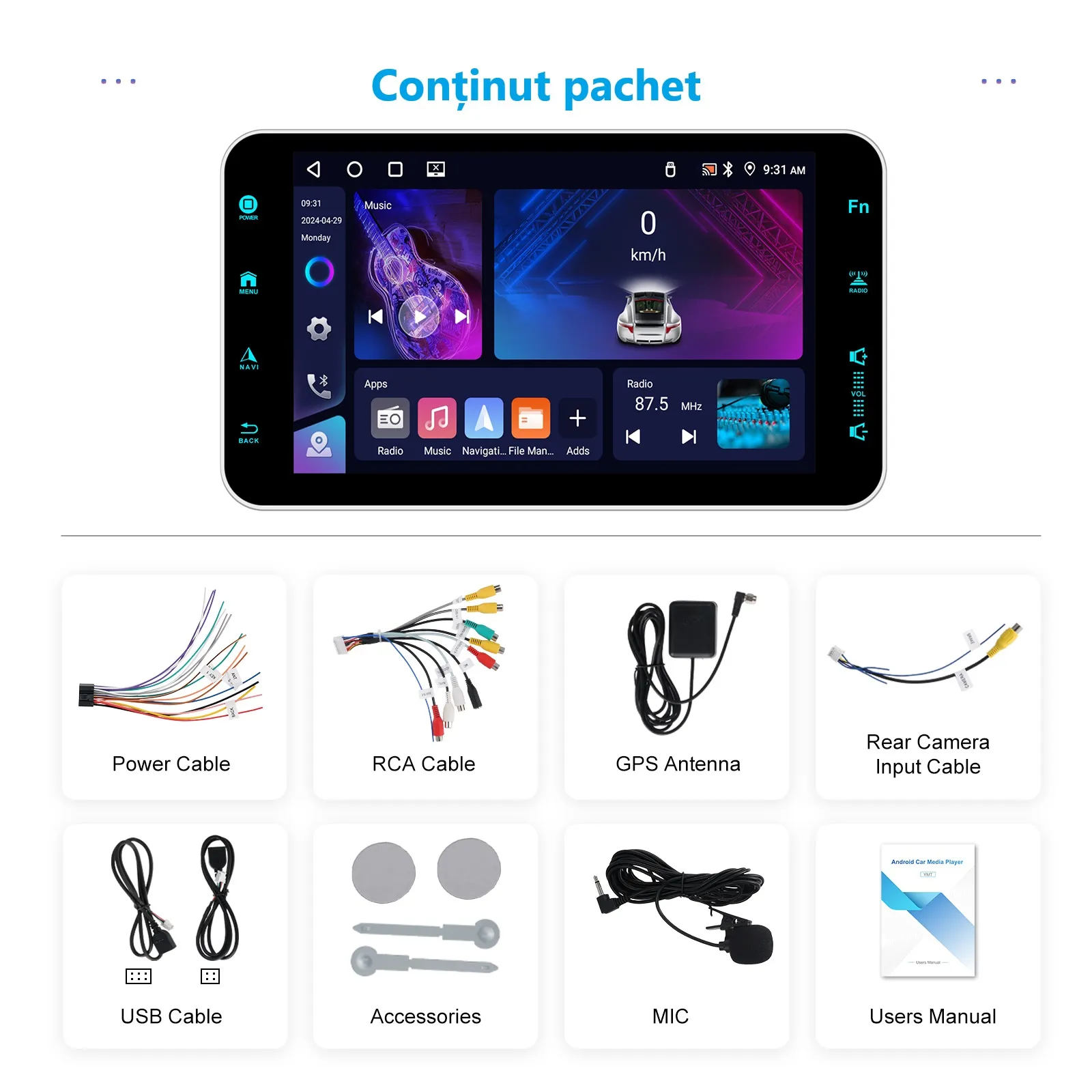 Navigație GPS 1DIN Universală 9" - 4GB RAM + 64GB ROM, Wireless CarPlay/Android Auto, GPS/DSP/WiFi/AM/FM/RDS [11]