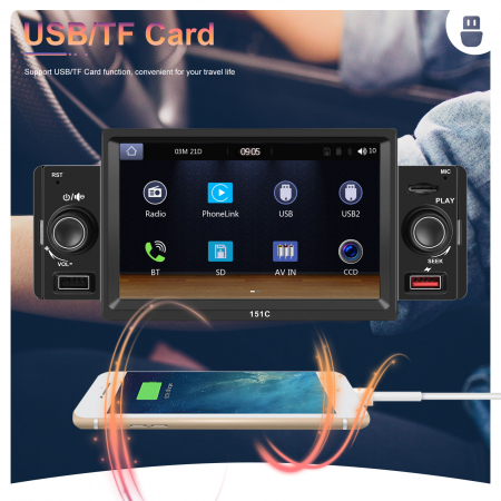 Navigatie MP5 Player Auto 1DIN Universal, CarPlay si Android Auto, Bluetooth, 2X USB frontal si Slot Card Micro SD, RCA Subwoofer, ecran 7 Inch [8]