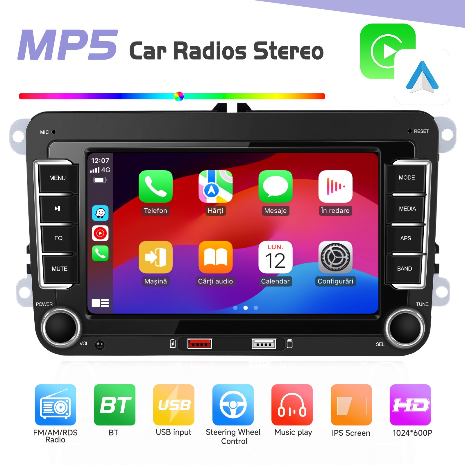 Navigație MP5 Player auto Volkswagen Skoda Seat, ecran 7 inch, CarPlay și Android Auto Wireless, Bluetooth, FM AM RDS, USB, 4x45W, ecran 7 inch HD RSG [8]