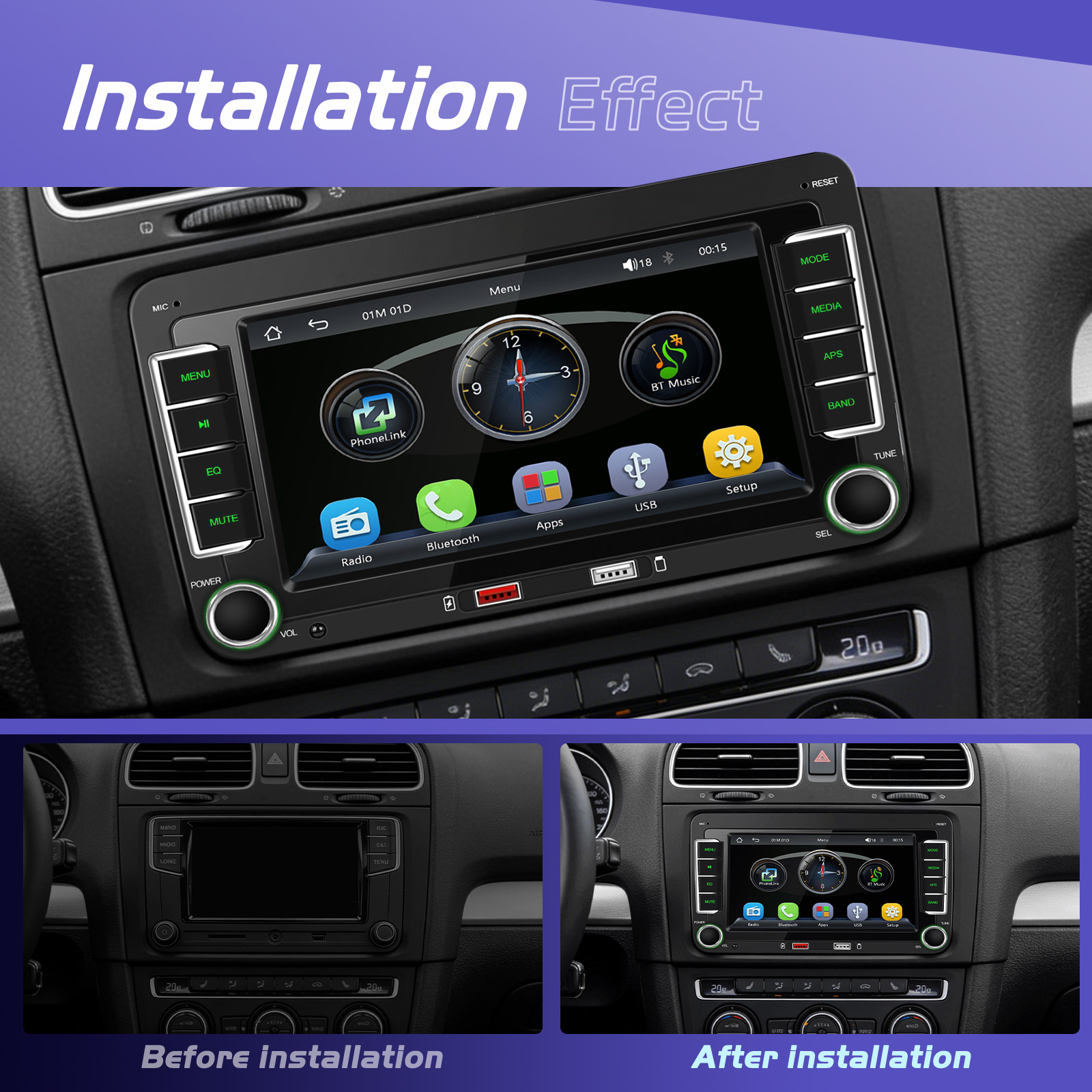 Navigație MP5 Player auto Volkswagen Skoda Seat, ecran 7 inch, CarPlay și Android Auto Wireless, Bluetooth, FM AM RDS, USB, 4x45W, ecran 7 inch HD RSG [7]