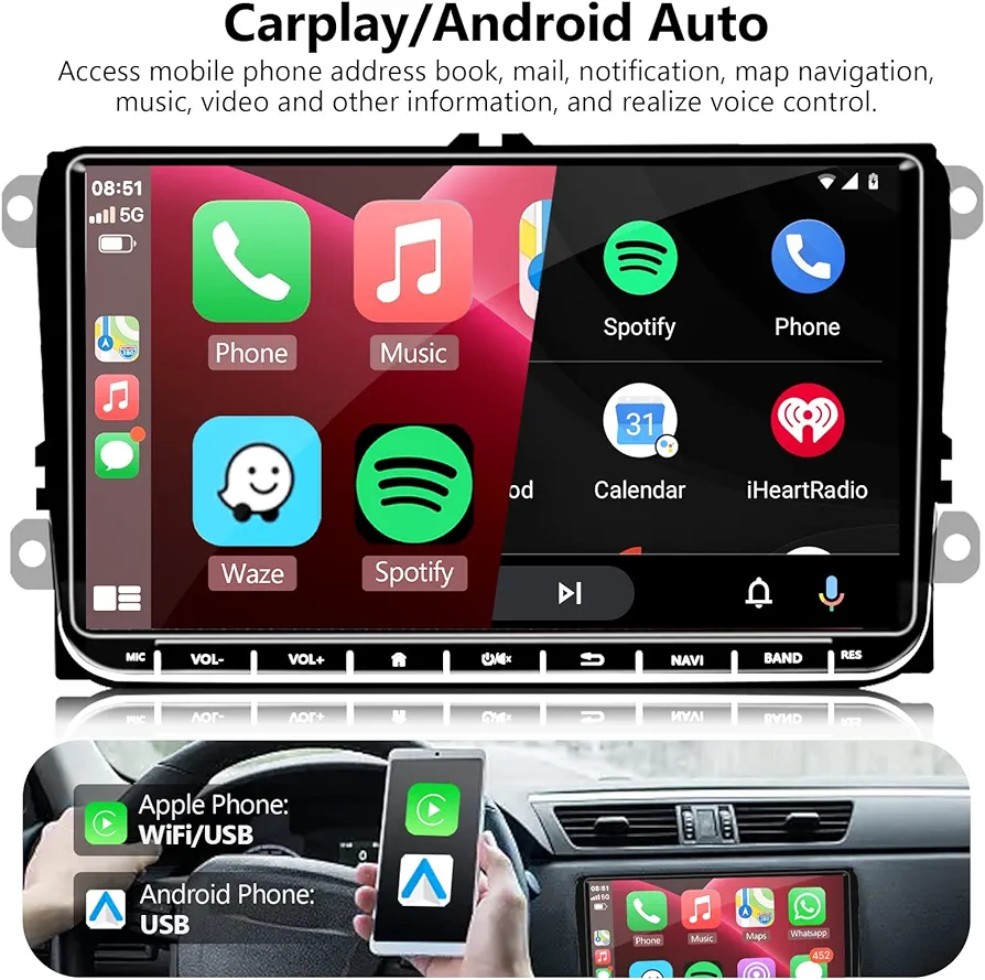 Navigatie Volkswagen|Skoda|Seat cu Android 12, 2GB RAM 32 GB ROM, CarPlay si Android Auto, Ecran de 9 Inch, dedicata Golf 5, Golf 6, Jetta, Passat B6, CC, B7, Polo, Tiguan, Touran, Skoda, Seat [9]