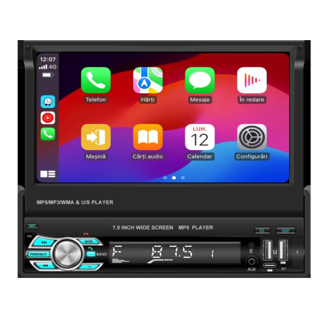 Navigatie universala - Player Auto 1DIN, MP5 cu Ecran Extractabil, Carplay și Android Auto WiFi, Bluetooth, USB