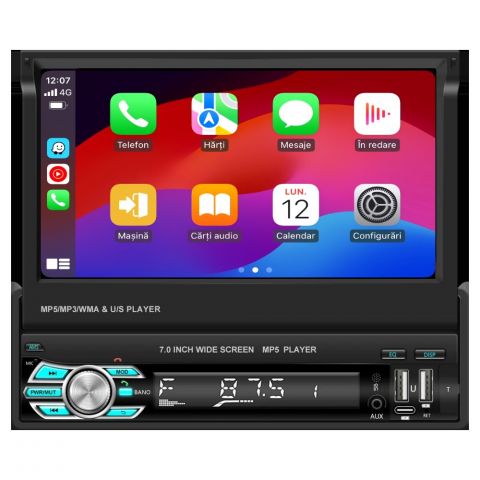 Navigatii 1 DIN - Player Auto 1DIN, MP5 cu Ecran Extractabil, Carplay și Android Auto WiFi, Bluetooth, USB
