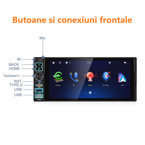 Player Auto 1DIN Multimedia cu Carplay si Android auto wireless, bluetooth, usb, ecran HD 6.8 inch [5]