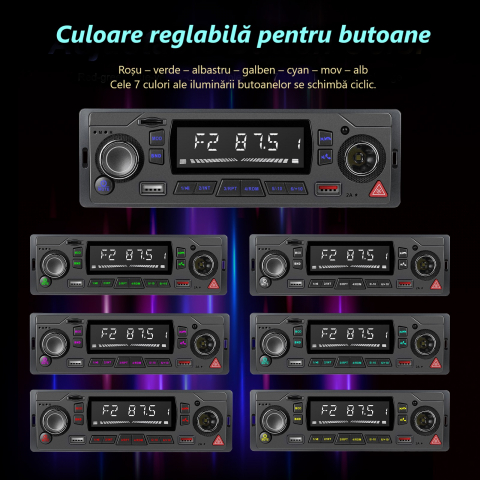 Radio Auto MP3 Player cu Bluetooth, USB, SD, AUX, FM, Telecomandă – Ecran LCD, Încărcare Telefon, LED Butoane 7 Culori [7]