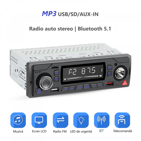 Radio Auto MP3 Player cu Bluetooth, USB, SD, AUX, FM, Telecomandă – Ecran LCD, Încărcare Telefon, LED Butoane 7 Culori [4]