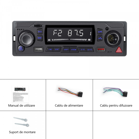 Radio Auto MP3 Player cu Bluetooth, USB, SD, AUX, FM, Telecomandă – Ecran LCD, Încărcare Telefon, LED Butoane 7 Culori [9]