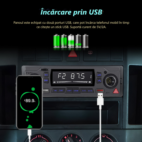 Radio Auto MP3 Player cu Bluetooth, USB, SD, AUX, FM, Telecomandă – Ecran LCD, Încărcare Telefon, LED Butoane 7 Culori [2]
