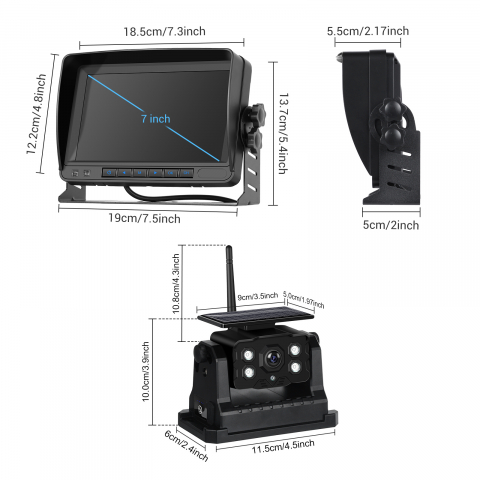 Set Monitor și Cameră Mărșarier Wireless, incarcare solara,pentru Tir, Duba, Camion, Autocar, 1080P FHD, Unghi 150° Night Vision [1]