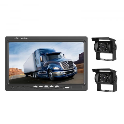 Camera Trafic DVR - Set Monitor și 2 Cameră Mărșarier Wireless pentru Tir, Duba, Camion, Autocar, 1080P FHD, Unghi 150° Night Vision, rezistență la apă și praf, grad de protecție IP68