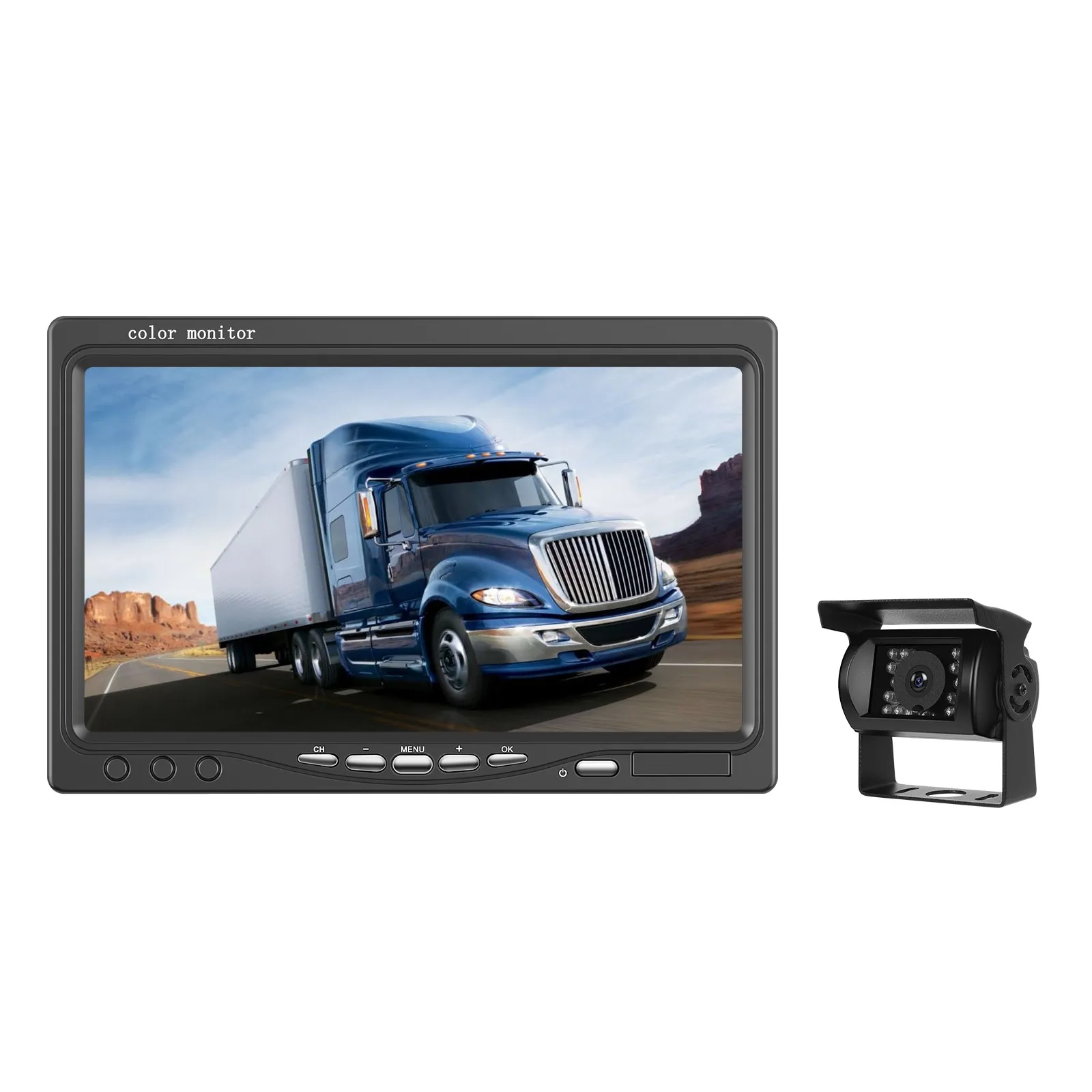 Camera Trafic DVR - Set Monitor și Cameră Mărșarier Wireless pentru Tir, Duba, Camion, Autocar, 1080P FHD, Unghi 150° Night Vision, rezistență la apă și praf, grad de protecție IP68