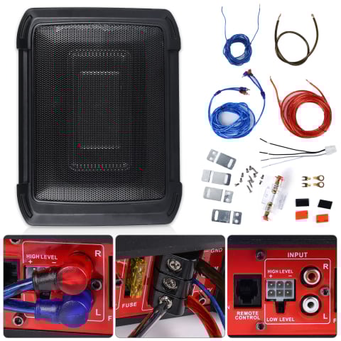 Subwoofer activ auto 10" Slim 1000W, amplificator încorporat, intrare High/Low, 33.5×26.3×6 cm [1]