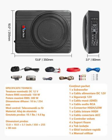 Subwoofer auto activ slim 10 inch 300W RMS, amplificator integrat, telecomandă bass, instalare sub scaun 12V [1]