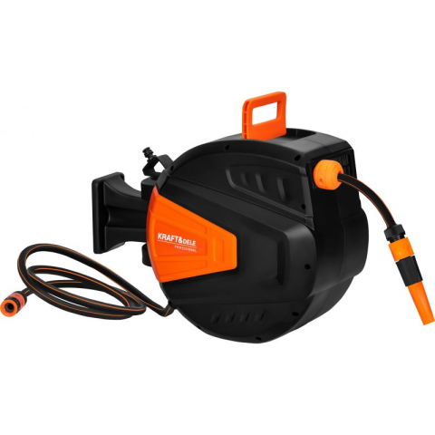 PROMOTII % - Tambur autoretractabil + furtun de gradina 20+2m, rulare automata, furtun 1/2" PVC, conectori 3/4", suport de perete, include duza de stropire + conectori