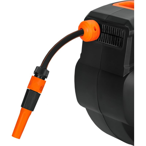 Tambur autoretractabil + furtun de gradina 20+2m, rulare automata, furtun 1/2" PVC, conectori 3/4", suport de perete, include duza de stropire + conectori [3]