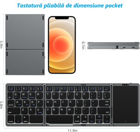 Tastatură Pliabilă Bluetooth cu Touchpad, Compatibilă iOS/Android/Windows/Mac, Ultra Compactă și Portabilă – Negru [6]