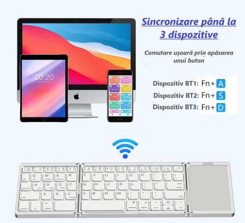 Tastatură Pliabilă Bluetooth cu Touchpad, Compatibilă iOS/Android/Windows/Mac, Ultra Compactă și Portabilă – Silver [2]